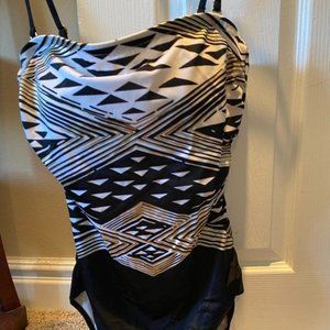 Gideon Oberson Black White Gold One Piece Swimsuit Size 14